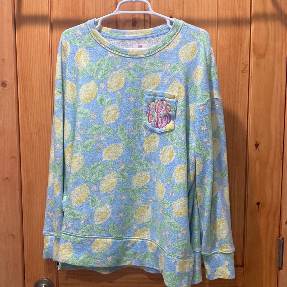 Blue, green, yellow and white lemon monogrammed Marleylilly tunic